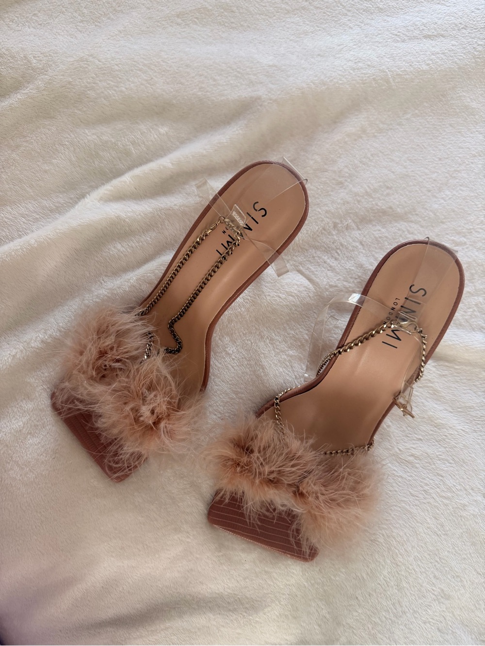 SIMMI Tan Feather Trim Clear Strap Heeled Slides